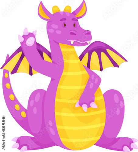 Cute cartoon purple dragon raising paw waving