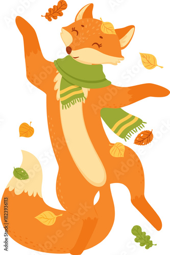 Happy fox enjoying a playful autumn breeze with falling leaves