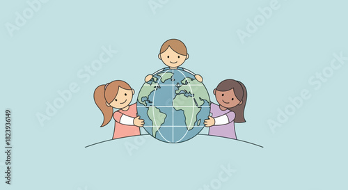 Happy kids hugging the earth globe showing love and care for the planet and environment.