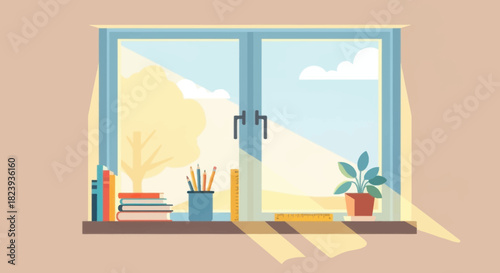 Sunlit room window with books, pencils, ruler and potted plant on a shelf, vector illustration.