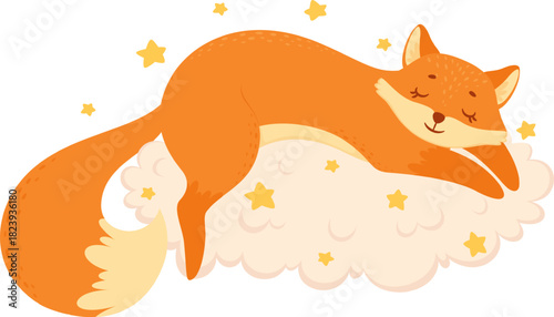 Little fox sleeping peacefully on cloud with stars