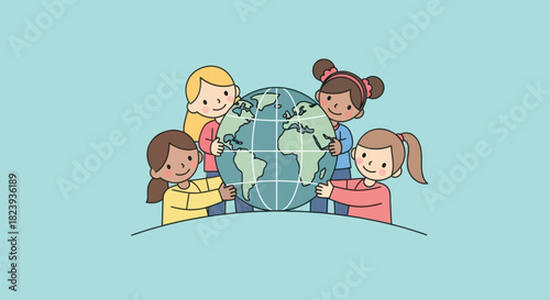 Four cute girls hug a globe on a blue background. Unity and world peace concept.