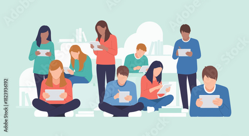 Diverse group of young adults using tablets for education, communication, and entertainment.