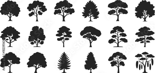 Tree silhouette vector set, black nature icons, forest collection including oak and pine for landscape, garden, and ecology design logo.