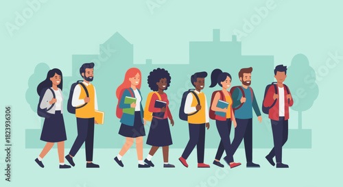 Group of students walking with backpacks and books on their way to school, vector art.