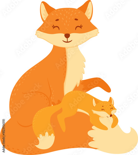 Mother fox sitting with baby fox sleeping