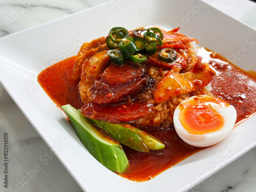 A savory dish of barbecued red pork in rich sauce served over rice, garnished with sliced green chilies, cucumber, and half a boiled egg. Presented on a white plate