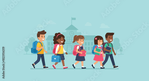 Group of diverse children walking to school with backpacks and books. Education concept.