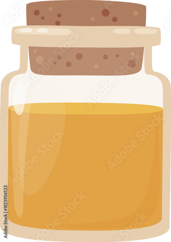 Glass bottle holding yellow liquid with cork stopper