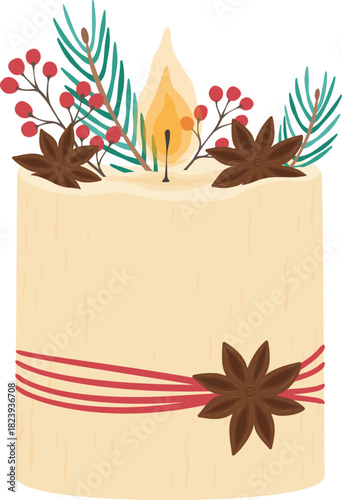 Festive Christmas candle burning with winter illustrations