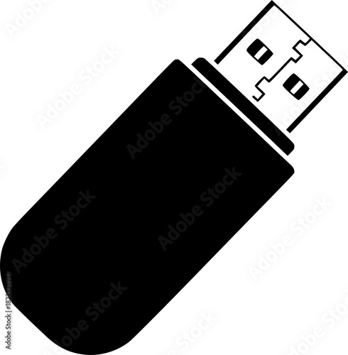 USB flash drive silhouette, solid black, matte finish, minimalist vector style
