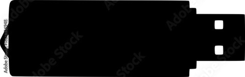 USB flash drive silhouette, solid black, matte finish, minimalist vector style
