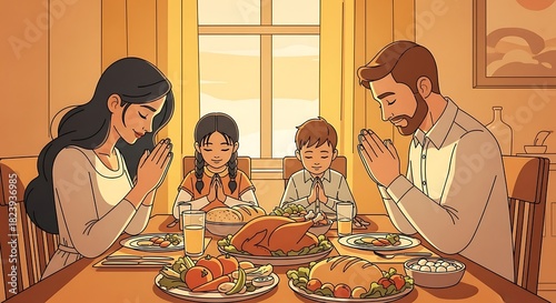 Family Dinner Prayer: Parents and Kids Giving Thanks Before Holiday Meal