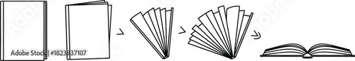 Book opening stages illustration in black and white line art