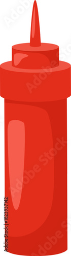 Red squeeze bottle holding delicious tomato ketchup