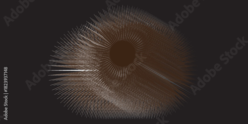 A sharp geometric abstract burst made of hundreds of metallic brown and silver radial spikes emerging from a dark circular center, forming a dynamic starburst pattern with layered textures, subtle hig