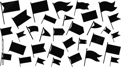 Set of flag silhouettes, black vector icons, waving banners collection for map marker, racing, sport, finish line, and location design.