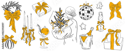 Retro vintage Christmas drawing set. Hand drawn whimsical whimsical new year party celebration gold decor, wreath, candles, gifts, cocktails. Hand drawn vector chalk elements for cards and invitations