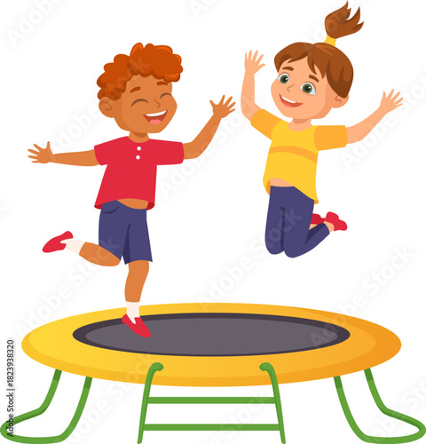 Happy children jumping on trampoline enjoying playtime activity