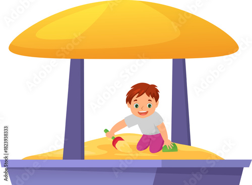 Happy cartoon boy playing in sandbox with toys
