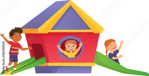 Happy children playing on a colorful playground slide house