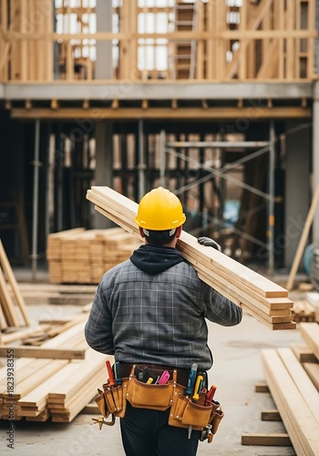 Construction worker carrying lumber wood