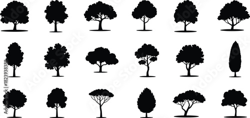 Tree silhouette vector collection, black forest icons, nature plant set for ecology, landscape, environment, garden design, and outdoor illustration.