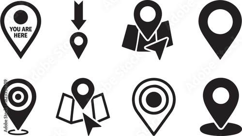 Bold “You Are Here” pinpoint icon set in clean silhouette style, ideal for maps and navigation.