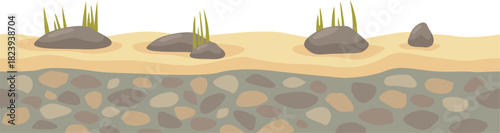 Ground cross section with soil rocks and grass layers