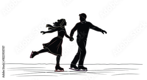 Silhouette of a couple ice skating hand in hand, depicting romance, winter sports and togetherness