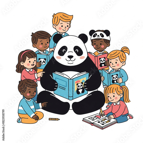 “Cartoon Panda Reading with Children – Fun Educational Scene for Kids”