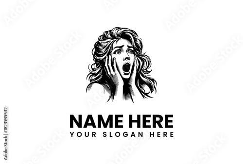 Scared Woman Vector Logo Illustration Frightened Female Face with Open Mouth and Hands on Cheeks