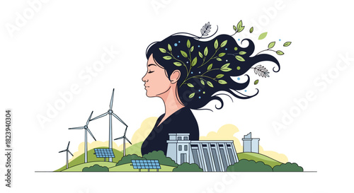 Conceptual illustration for green energy and sustainability, featuring a woman with flowing hair of leaves overlooking a landscape of renewable energy sources.