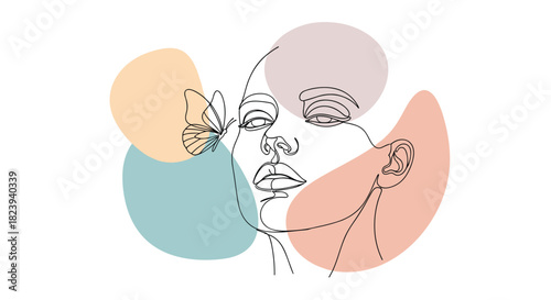 Minimalist one-line art portrait of a woman's face with a delicate butterfly, complemented by soft, abstract pastel shapes for a serene and beautiful design.