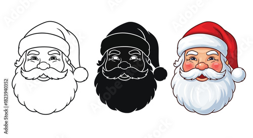 Santa claus head illustrations outline, silhouette, and colorful versions, perfect for christmas and holiday designs