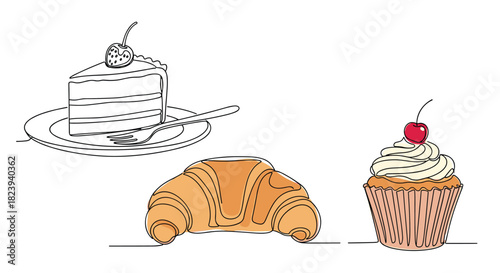 Charming one-line art collection of bakery sweets, including a slice of cake, a croissant, and a cupcake, combining minimalist drawing with subtle color accents.