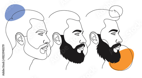 Evolution of a modern male hairstyle shown in three profile views, from clean-shaven line art to a full beard and finally a man bun for a stylish concept.