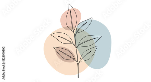 Minimalist and elegant one-line drawing of a botanical branch with leaves, beautifully set against a trio of abstract, soft-colored organic shapes for home decor.