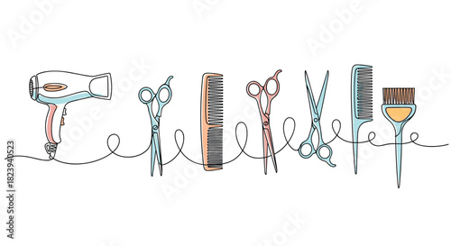 Creative one-line art illustration of essential hairdressing tools connected by a single flowing line, accented with soft colors for a modern salon design.