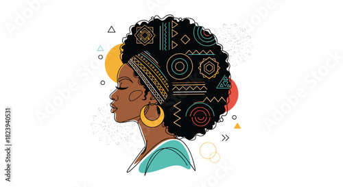Beautiful and stylish portrait of a Black woman in profile with voluminous afro hair, intricately decorated with modern geometric patterns and gold accents.