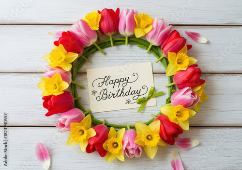Birthday floral wreath with tulips and daffodils on a rustic wooden background