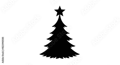 Classic Black Silhouette of a Festive Christmas Tree with Star Topper Isolated on White Background