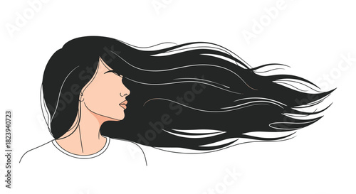 Elegant and simple illustration of a beautiful woman in profile, her long, dark, voluminous hair flowing dramatically in the wind on a white background for a beauty concept.