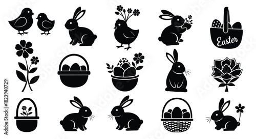 Large collection of black Easter-themed silhouettes, including various bunnies, chicks, decorated eggs in baskets, and spring flowers for holiday design projects.