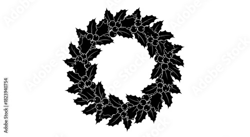 Black and White Holly Wreath Silhouette for Christmas and Winter Design Projects