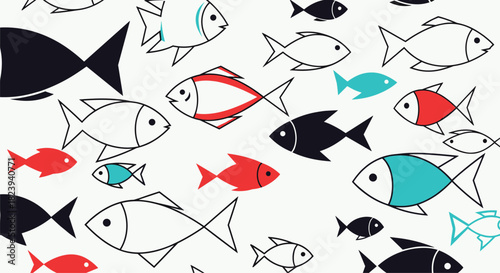 Modern and playful seamless pattern featuring a school of stylized fish in a simple, graphic style, using a limited color palette of red, blue, and black.