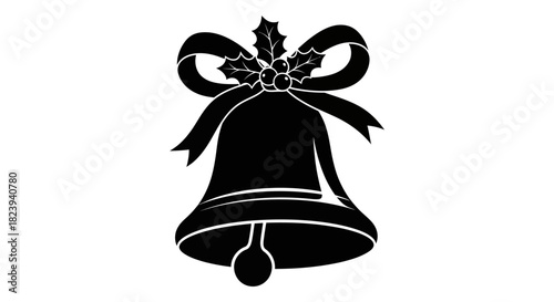 Classic Black Silhouette of a Christmas Jingle Bell with Holly and Ribbon Bow