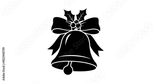 Classic Black and White Christmas Bell Silhouette with Holly and Ribbon Icon for Holiday Design