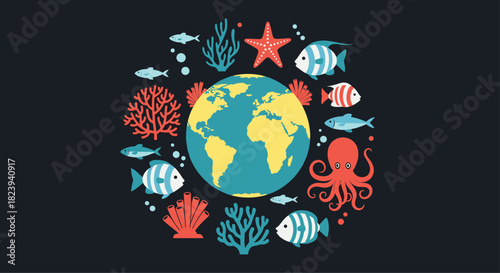 World Oceans Day concept illustration with the Earth globe at the center, surrounded by a vibrant circle of marine life including fish, octopus, and coral.