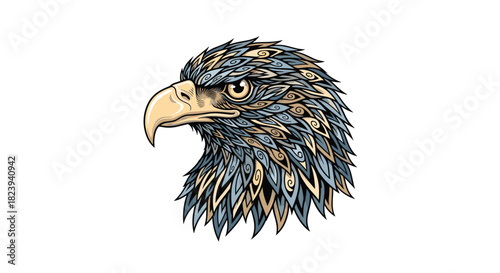 Highly detailed and artistic portrait of an eagle's head, featuring intricately patterned feathers in a muted color palette for a powerful and majestic look.